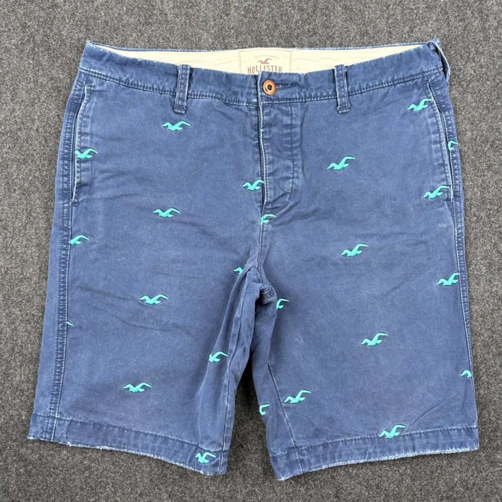Hollister Mens Chino Shorts Navy Blue Teal Embroidered Seagull Logo Size 36
